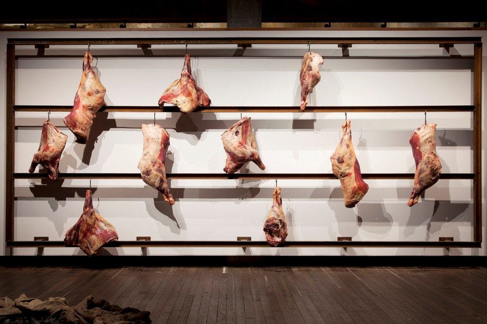 A wall supports a large metal frame with 10 cuts of beef suspended from hooks.