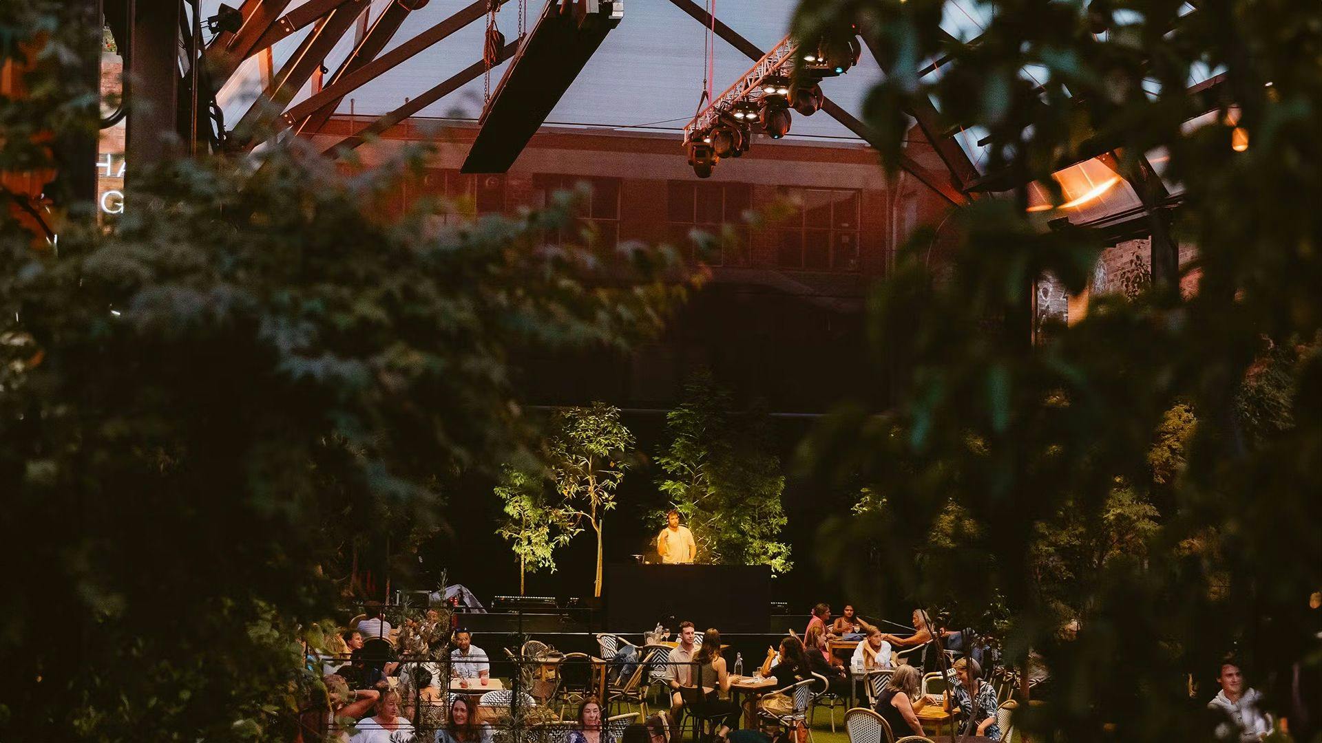 People dining outside photographed from between lush green plants