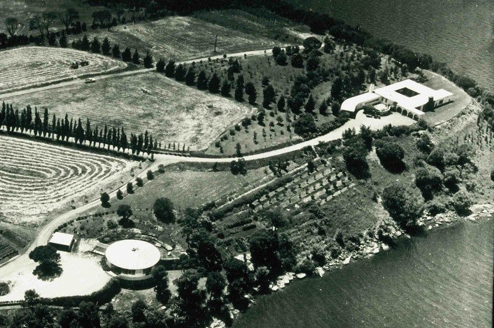 Aerial black and white archival image of the Moorilla estate