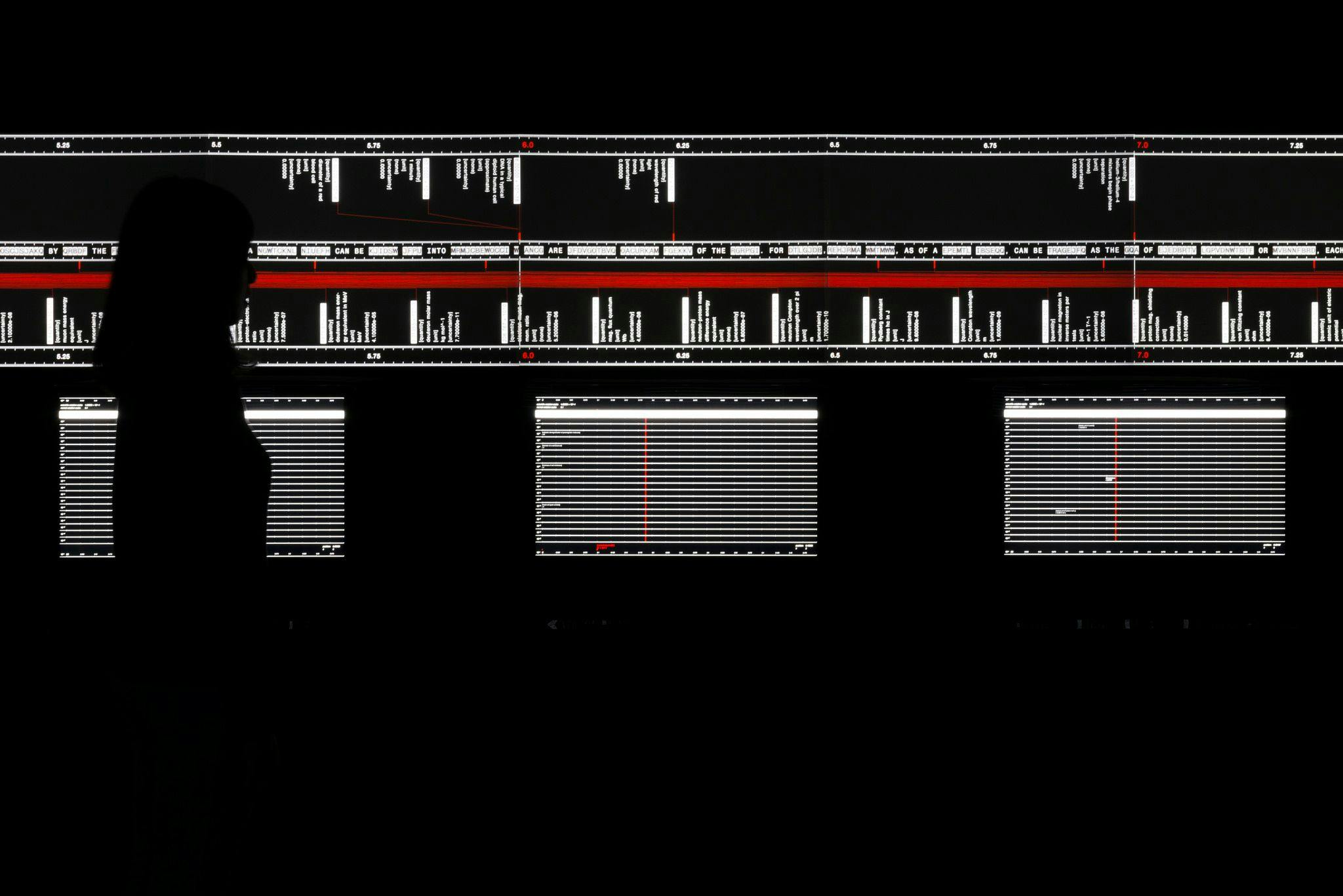 A person stands in the dark in front of a computer screen of white, black and red data and lines.