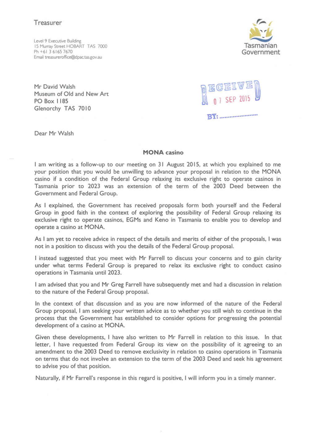 Letter from the Tasmanian state government treasurer in regards to the MONA casino proposal.